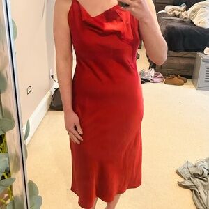 Satin Cowl Neck Midi Dress in Red